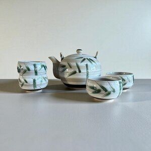 Vintage OMC Japan Bamboo Ceramic Teapot Tea Set With 4 Cups Made In Japan